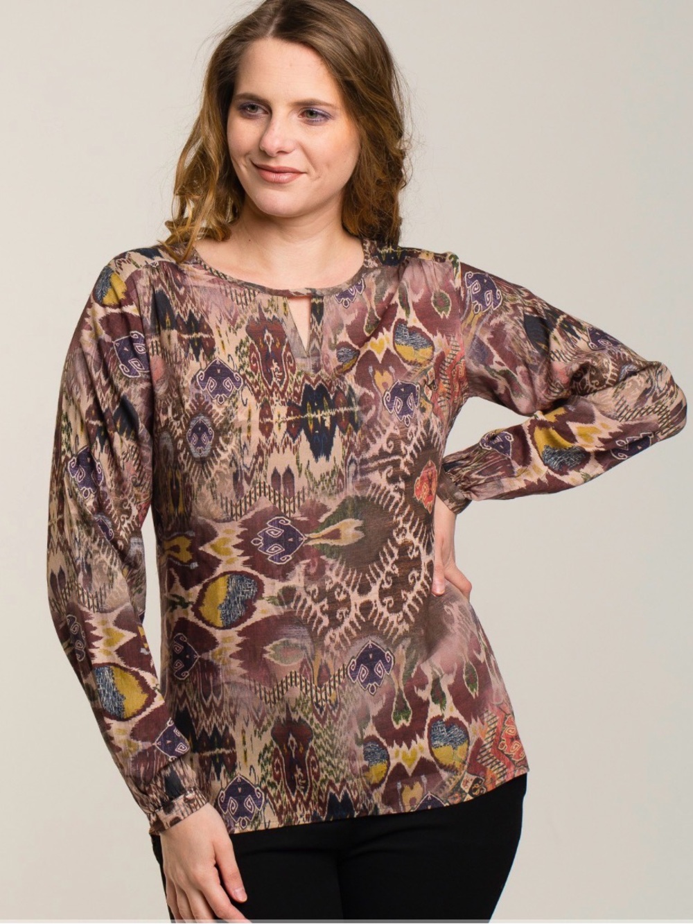 Tolani Collection Printed Long-Sleeve Woven Blouse Ikat Pattern in Brown Size M